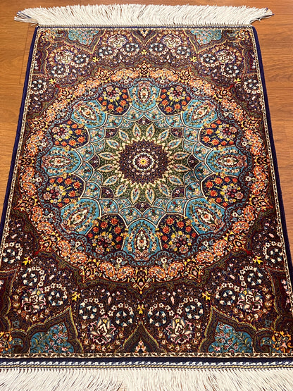 19” x 28” Small Silk Rug – Turquoise & Navy Grand Rosette Luxury Accent Rug