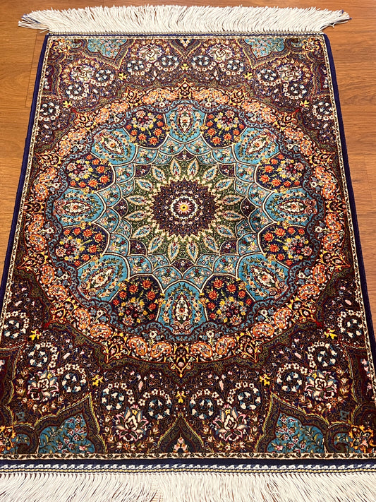 19” x 28” Small Silk Rug – Turquoise & Navy Grand Rosette Luxury Accent Rug