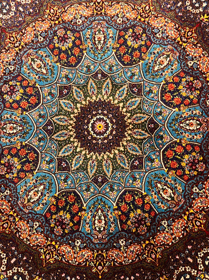 19” x 28” Small Silk Rug – Turquoise & Navy Grand Rosette Luxury Accent Rug