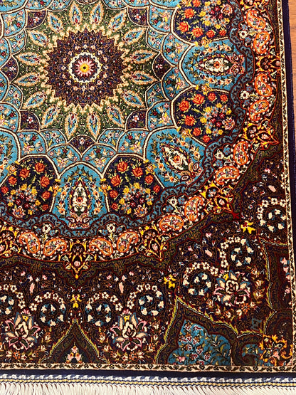 19” x 28” Small Silk Rug – Turquoise & Navy Grand Rosette Luxury Accent Rug