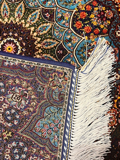 19” x 28” Small Silk Rug – Turquoise & Navy Grand Rosette Luxury Accent Rug