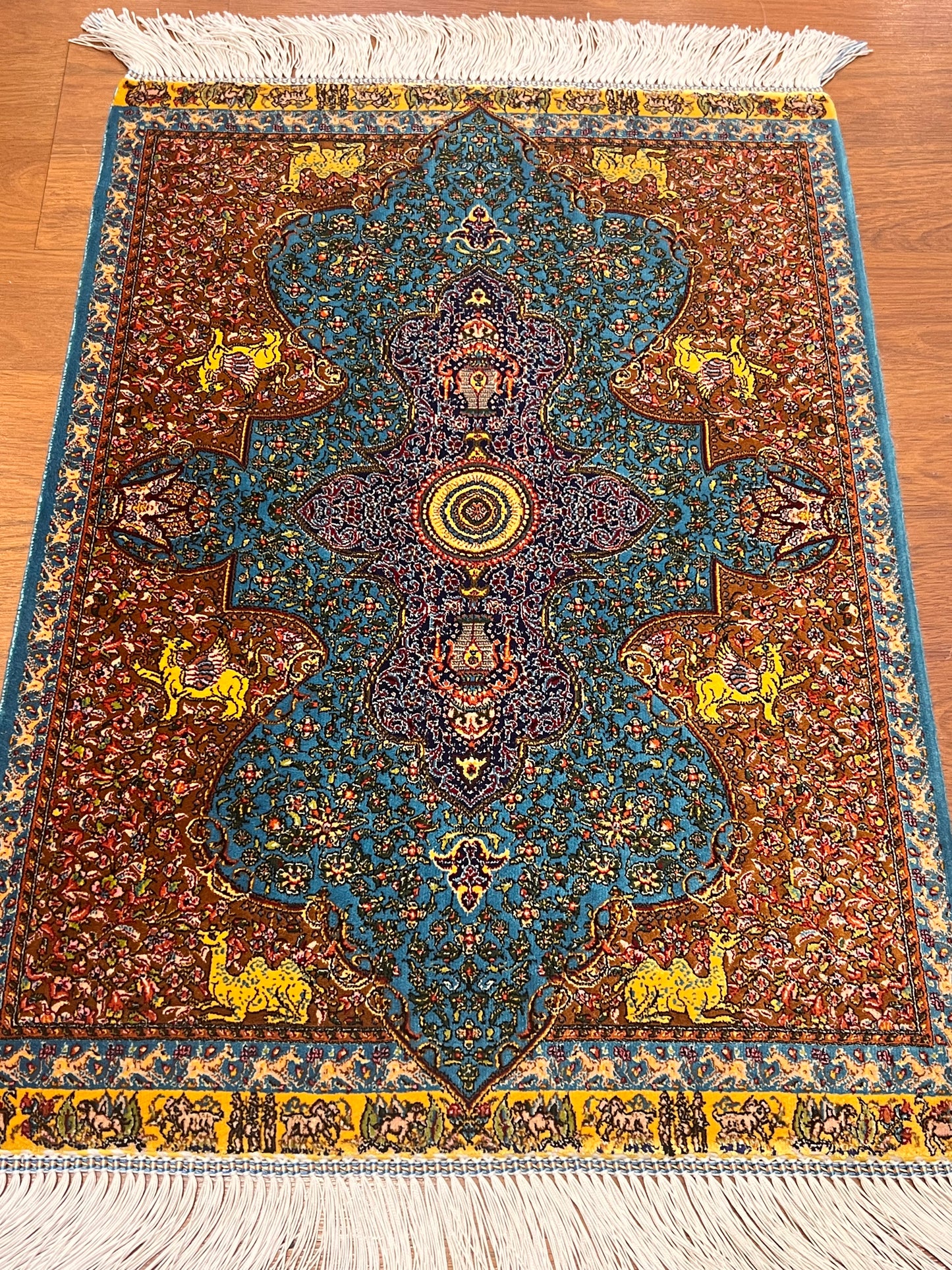 19” x 28” Small Silk Rug – Turquoise & Rust Imperial Medallion Luxury Accent Rug