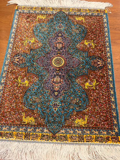 19” x 28” Small Silk Rug – Turquoise & Rust Imperial Medallion Luxury Accent Rug