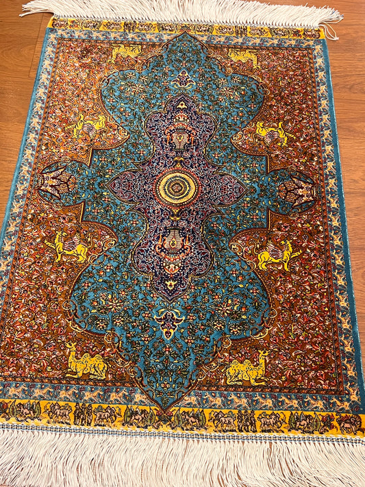 19” x 28” Small Silk Rug – Turquoise & Rust Imperial Medallion Luxury Accent Rug