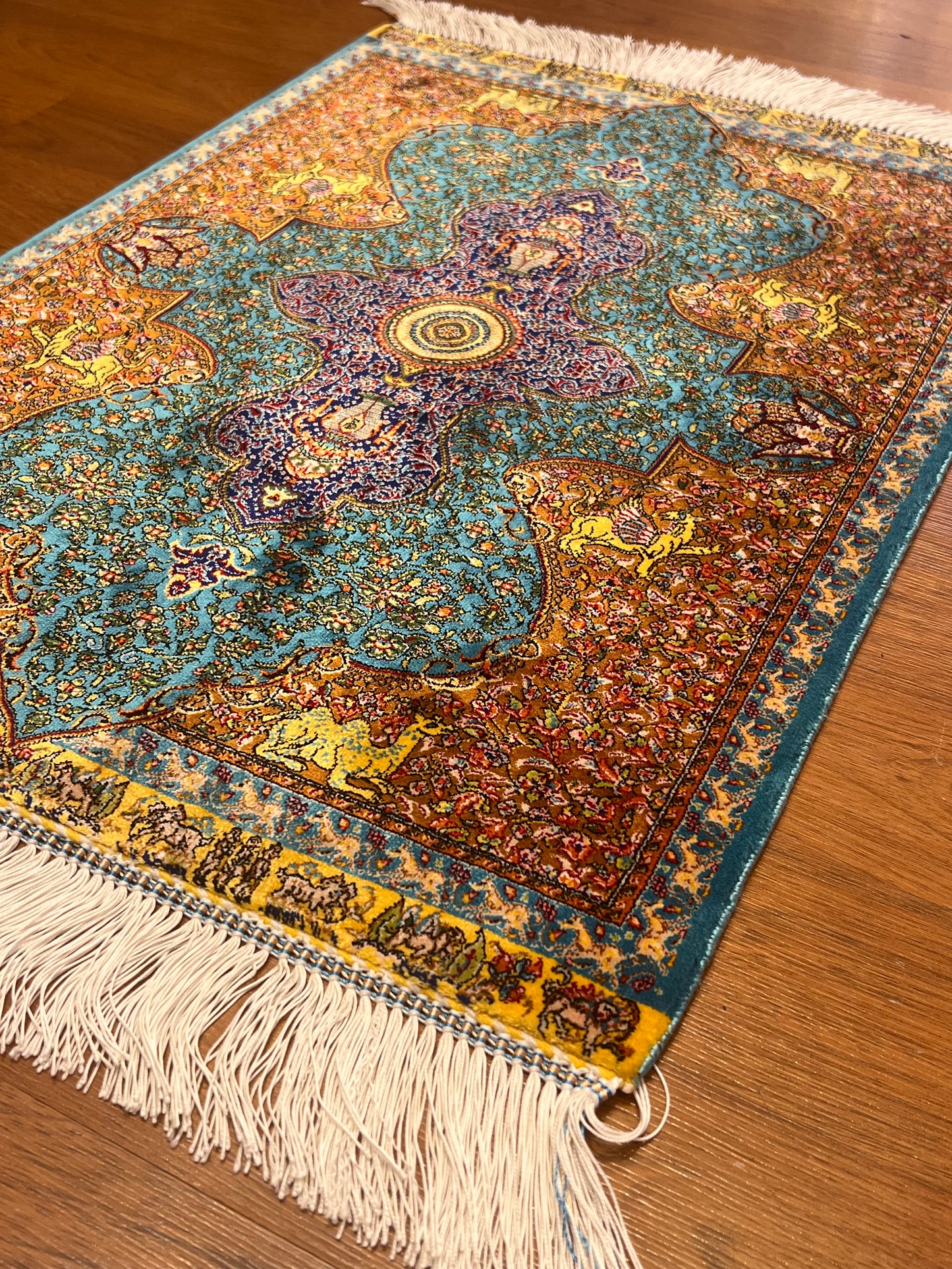 19” x 28” Small Silk Rug – Turquoise & Rust Imperial Medallion Luxury Accent Rug