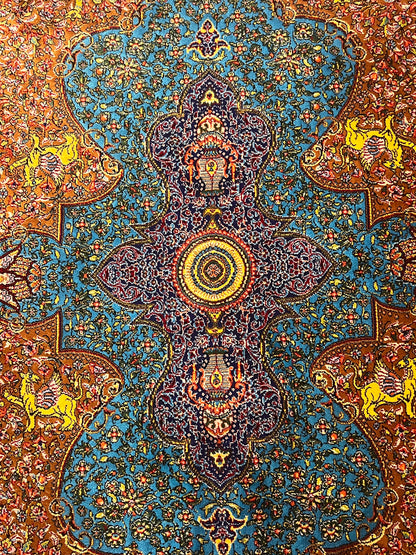 19” x 28” Small Silk Rug – Turquoise & Rust Imperial Medallion Luxury Accent Rug
