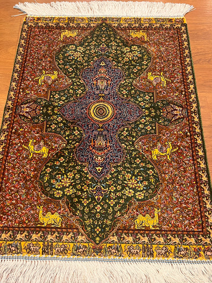 19” x 28” Small Silk Rug – Forest Green & Rust Imperial Medallion Accent Rug