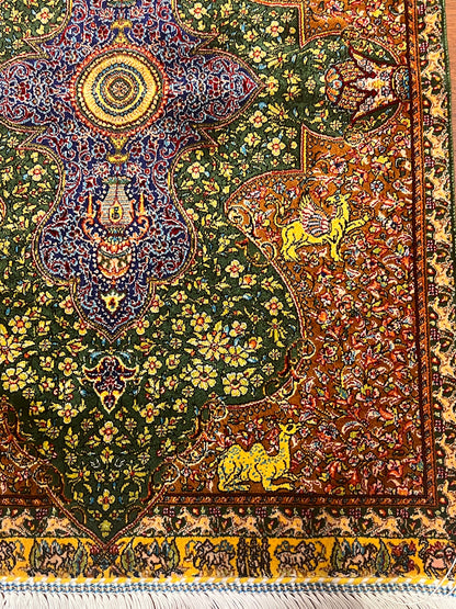 19” x 28” Small Silk Rug – Forest Green & Rust Imperial Medallion Accent Rug
