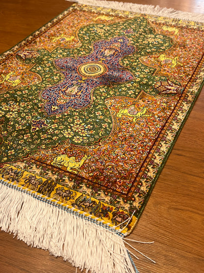 19” x 28” Small Silk Rug – Forest Green & Rust Imperial Medallion Accent Rug