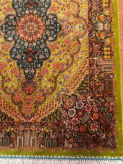 19” x 28” Small Silk Rug – Olive Green Garden Medallion Luxury Accent Rug