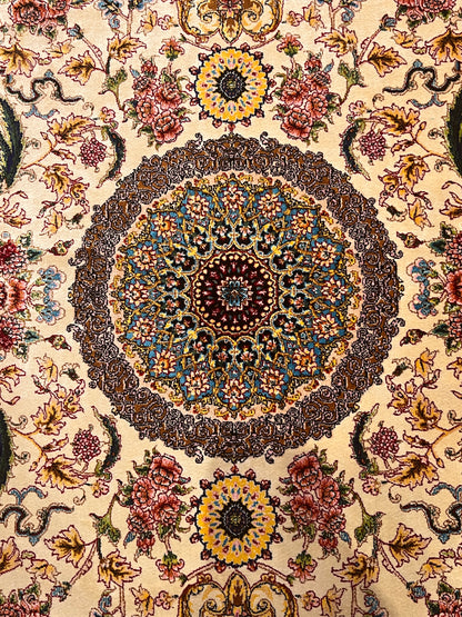 19” x 28” Small Silk Rug – Ivory Floral & Turquoise Medallion Luxury Accent Rug