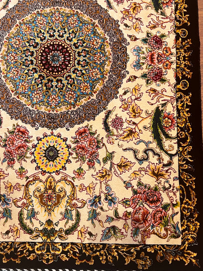 19” x 28” Small Silk Rug – Ivory Floral & Turquoise Medallion Luxury Accent Rug