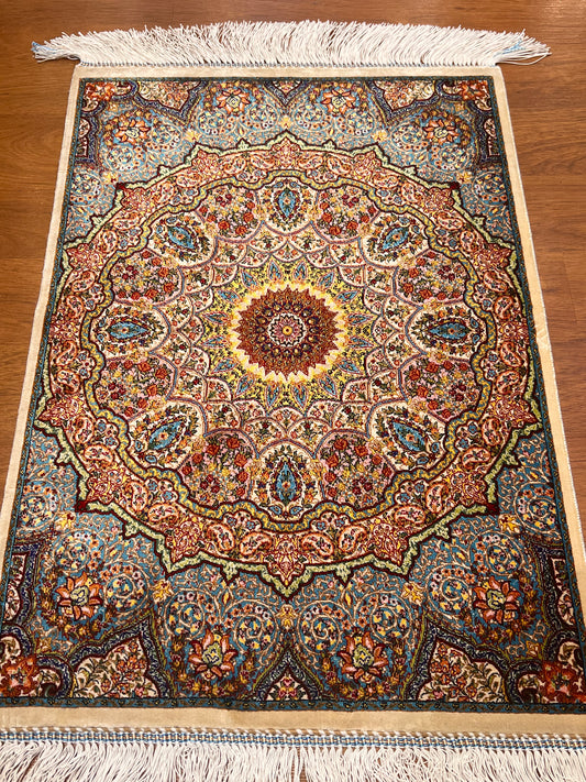19” x 28” Small Silk Rug – Turquoise & Ivory Grand Floral Rosette Luxury Accent Rug