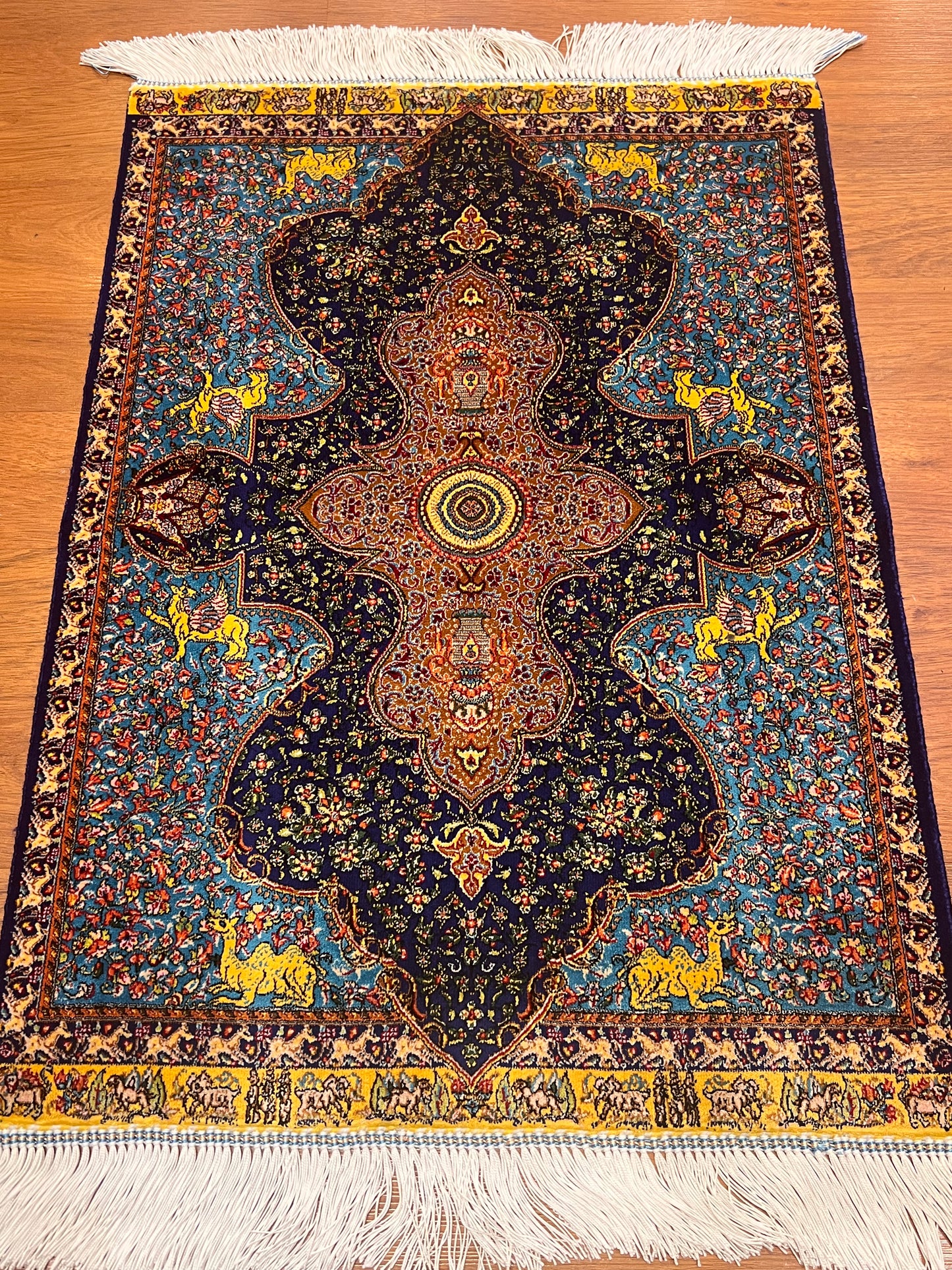 19” x 28” Small Silk Rug – Midnight Navy & Turquoise Imperial Medallion Accent Rug