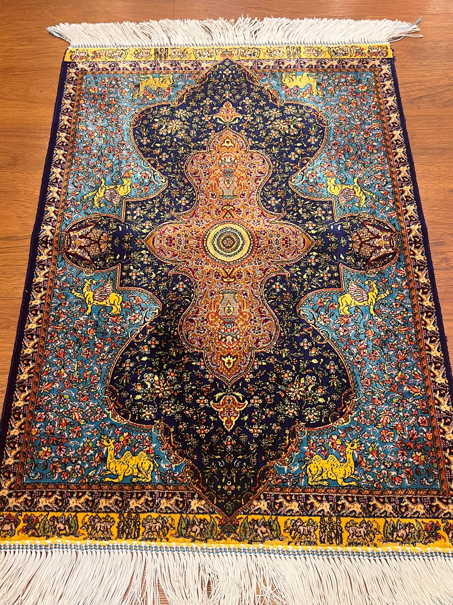 19” x 28” Small Silk Rug – Midnight Navy & Turquoise Imperial Medallion Accent Rug