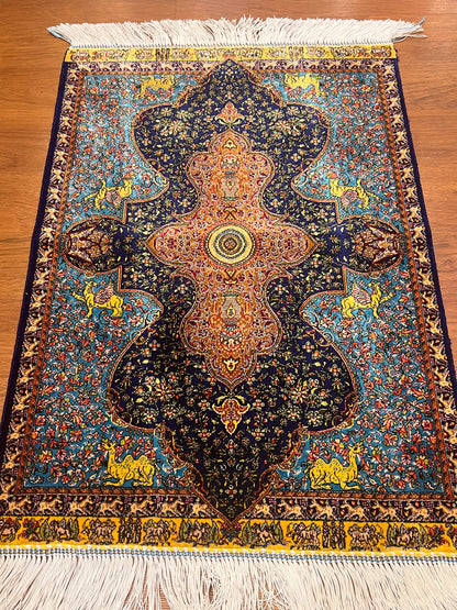 19” x 28” Small Silk Rug – Midnight Navy & Turquoise Imperial Medallion Accent Rug
