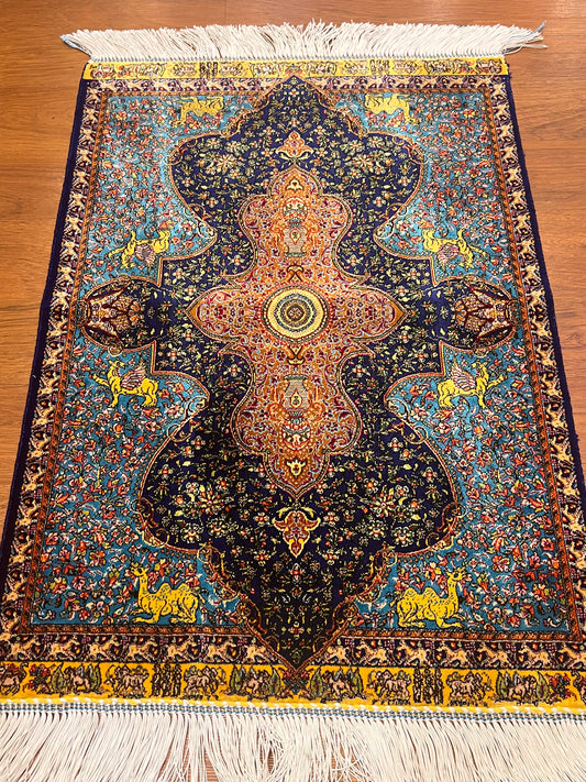 19” x 28” Small Silk Rug – Midnight Navy & Turquoise Imperial Medallion Accent Rug
