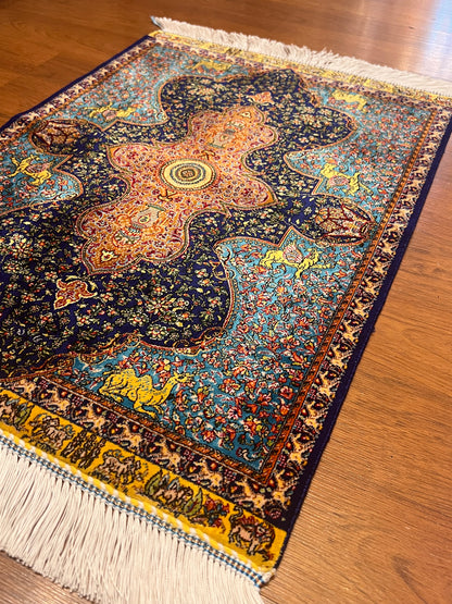 19” x 28” Small Silk Rug – Midnight Navy & Turquoise Imperial Medallion Accent Rug