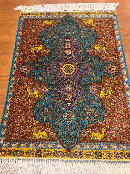 19” x 28” Small Silk Rug – Turquoise Garden Medallion with Animal Motifs