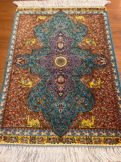 19” x 28” Small Silk Rug – Turquoise Garden Medallion with Animal Motifs