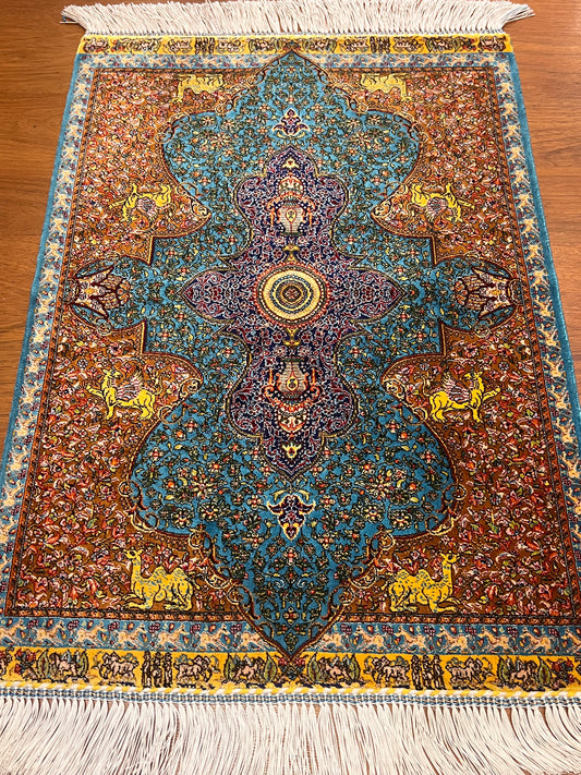 19” x 28” Small Silk Rug – Turquoise Garden Medallion with Animal Motifs