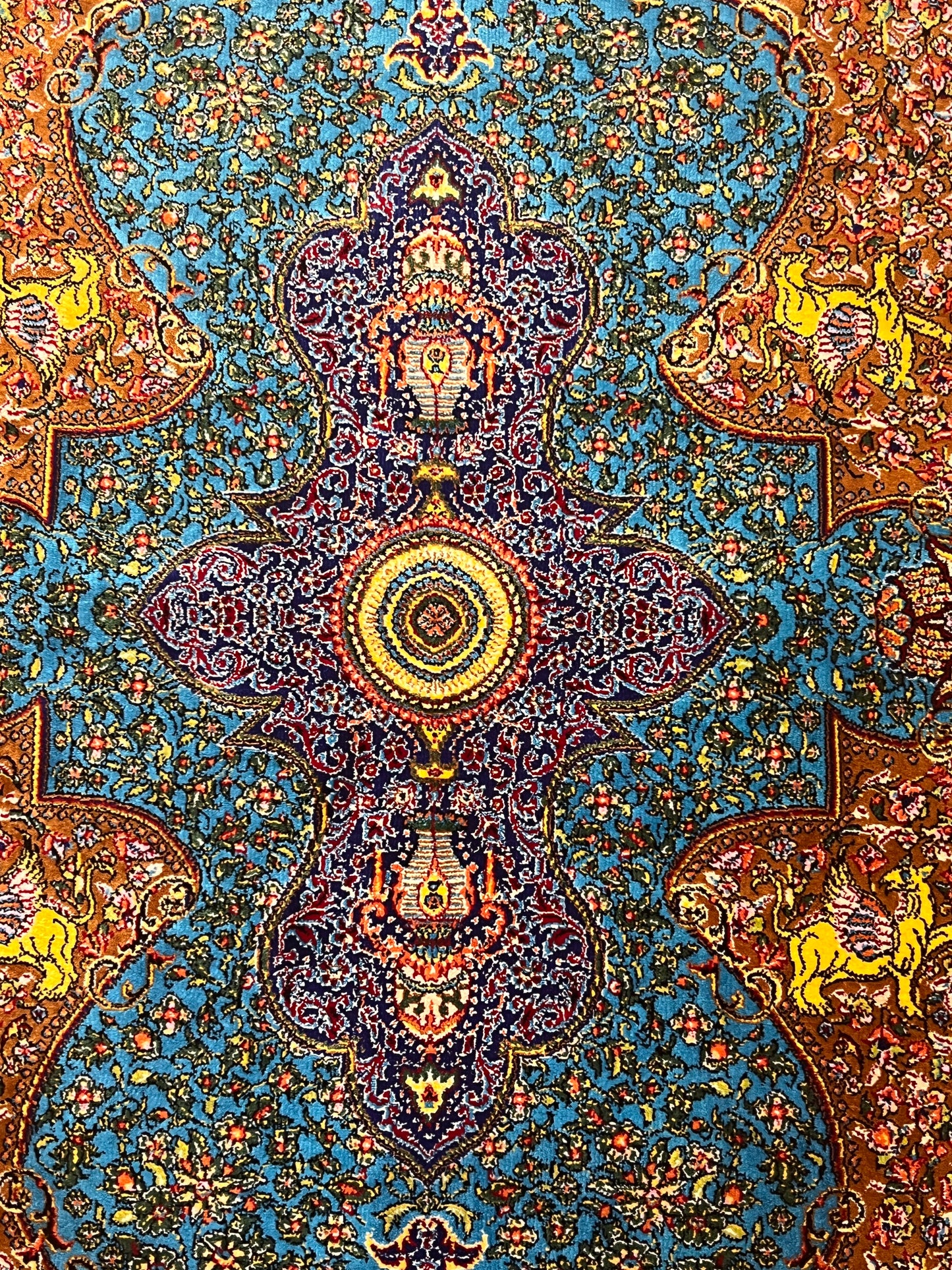 19” x 28” Small Silk Rug – Turquoise Garden Medallion with Animal Motifs