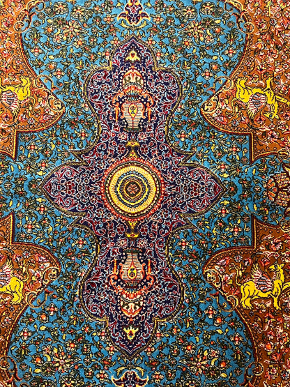 19” x 28” Small Silk Rug – Turquoise Garden Medallion with Animal Motifs