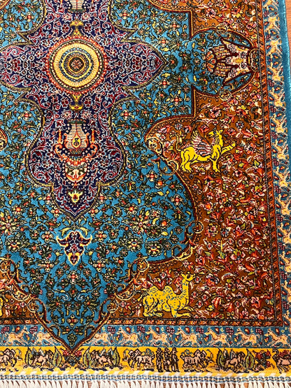 19” x 28” Small Silk Rug – Turquoise Garden Medallion with Animal Motifs