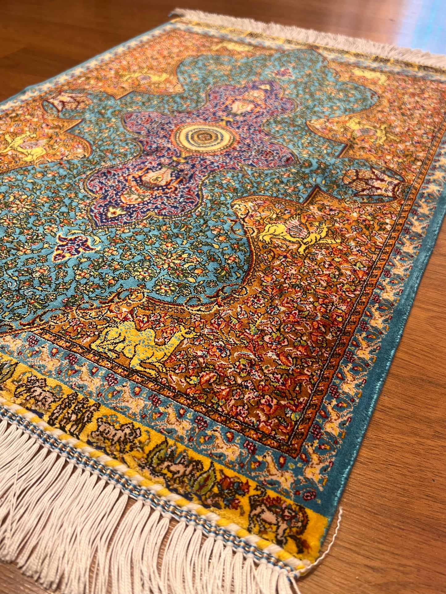 19” x 28” Small Silk Rug – Turquoise Garden Medallion with Animal Motifs