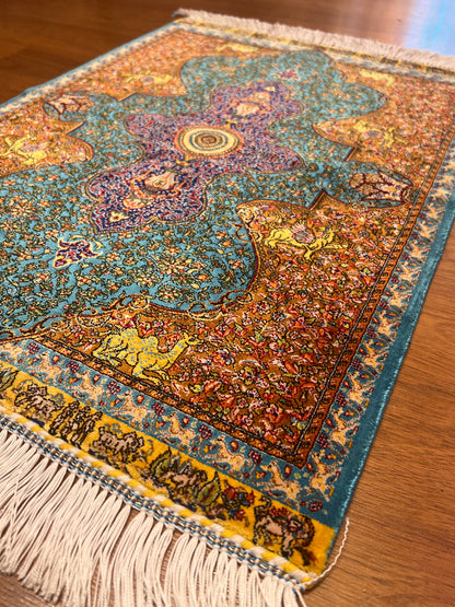 19” x 28” Small Silk Rug – Turquoise Garden Medallion with Animal Motifs