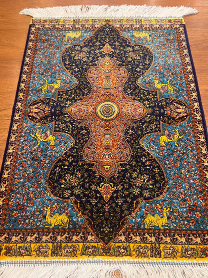 19” x 28” Small Silk Rug – Turquoise & Midnight Navy Royal Medallion Accent Rug