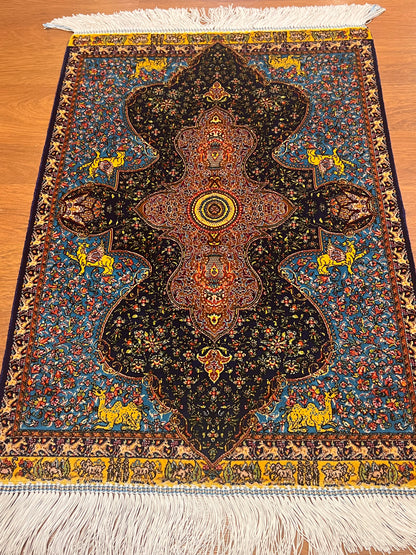 19” x 28” Small Silk Rug – Turquoise & Midnight Navy Royal Medallion Accent Rug