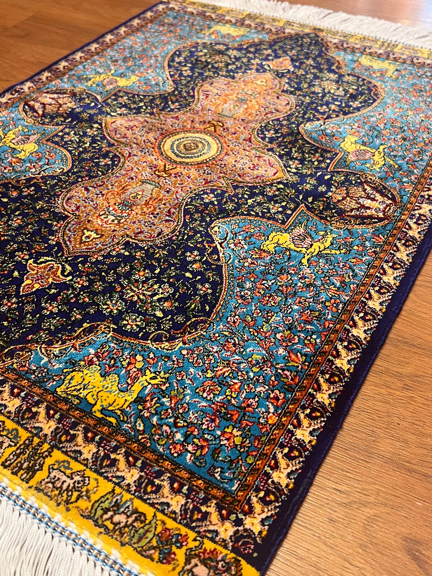 19” x 28” Small Silk Rug – Turquoise & Midnight Navy Royal Medallion Accent Rug