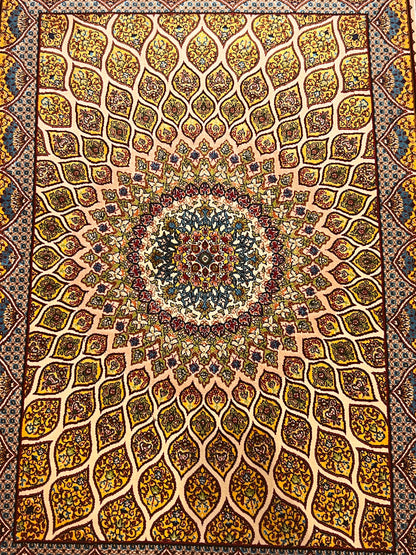 19” x 28” Small Silk Rug – Ivory & Gold Radiant Mosaic Medallion Accent Rug
