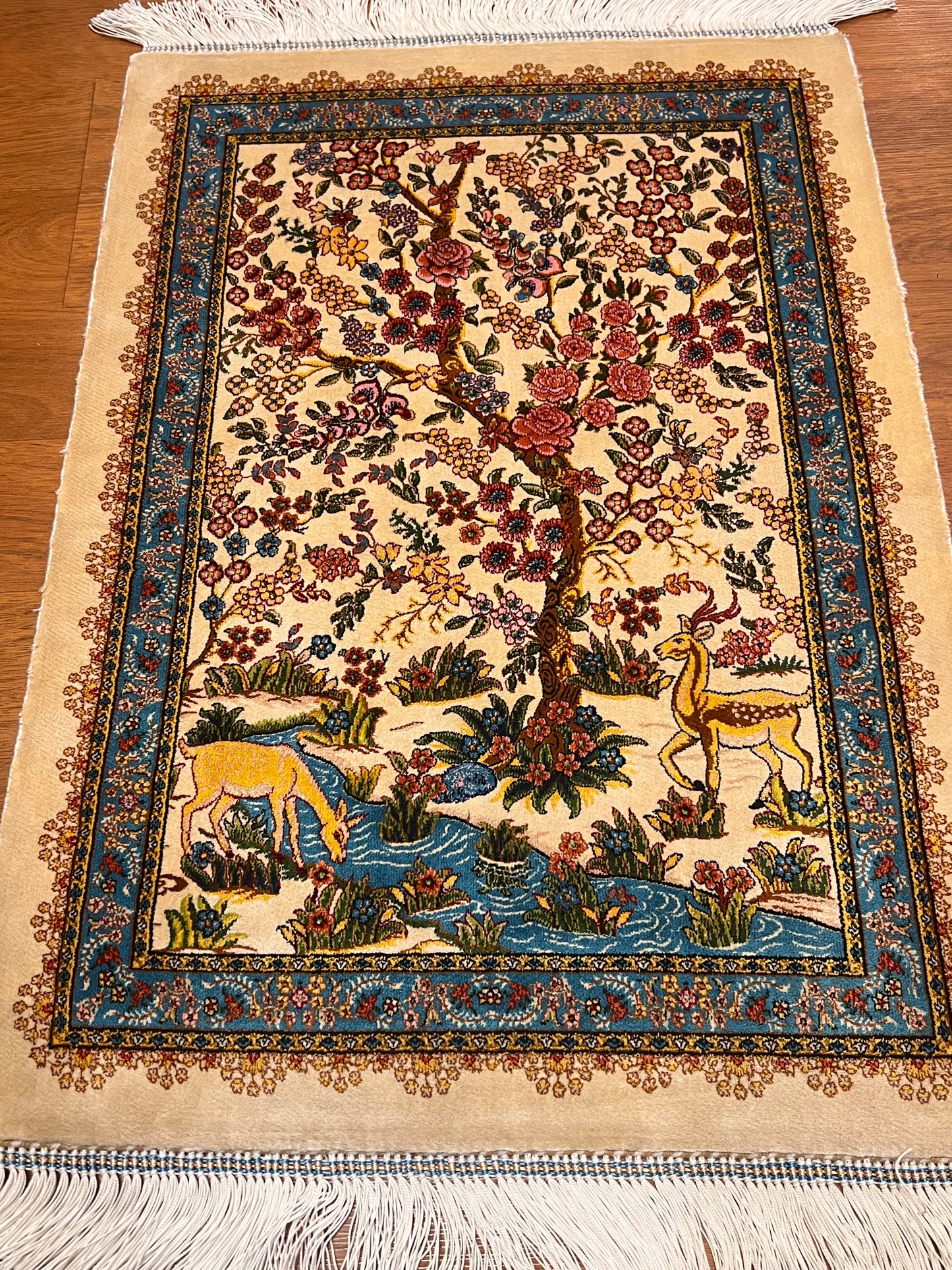 19” x 28” Small Silk Rug – Garden of Life Deer & Floral Tree Turkish Accent Rug