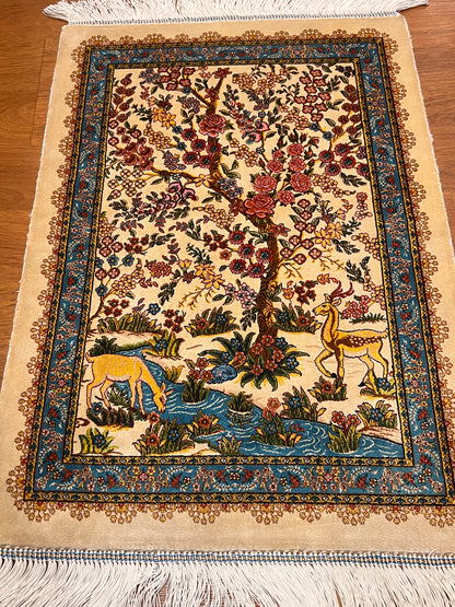 19” x 28” Small Silk Rug – Garden of Life Deer & Floral Tree Turkish Accent Rug