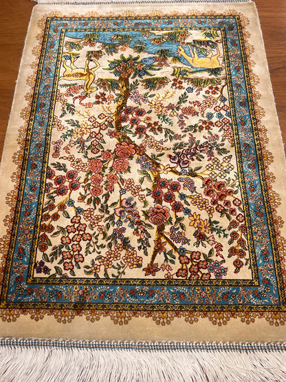 19” x 28” Small Silk Rug – Garden of Life Deer & Floral Tree Turkish Accent Rug
