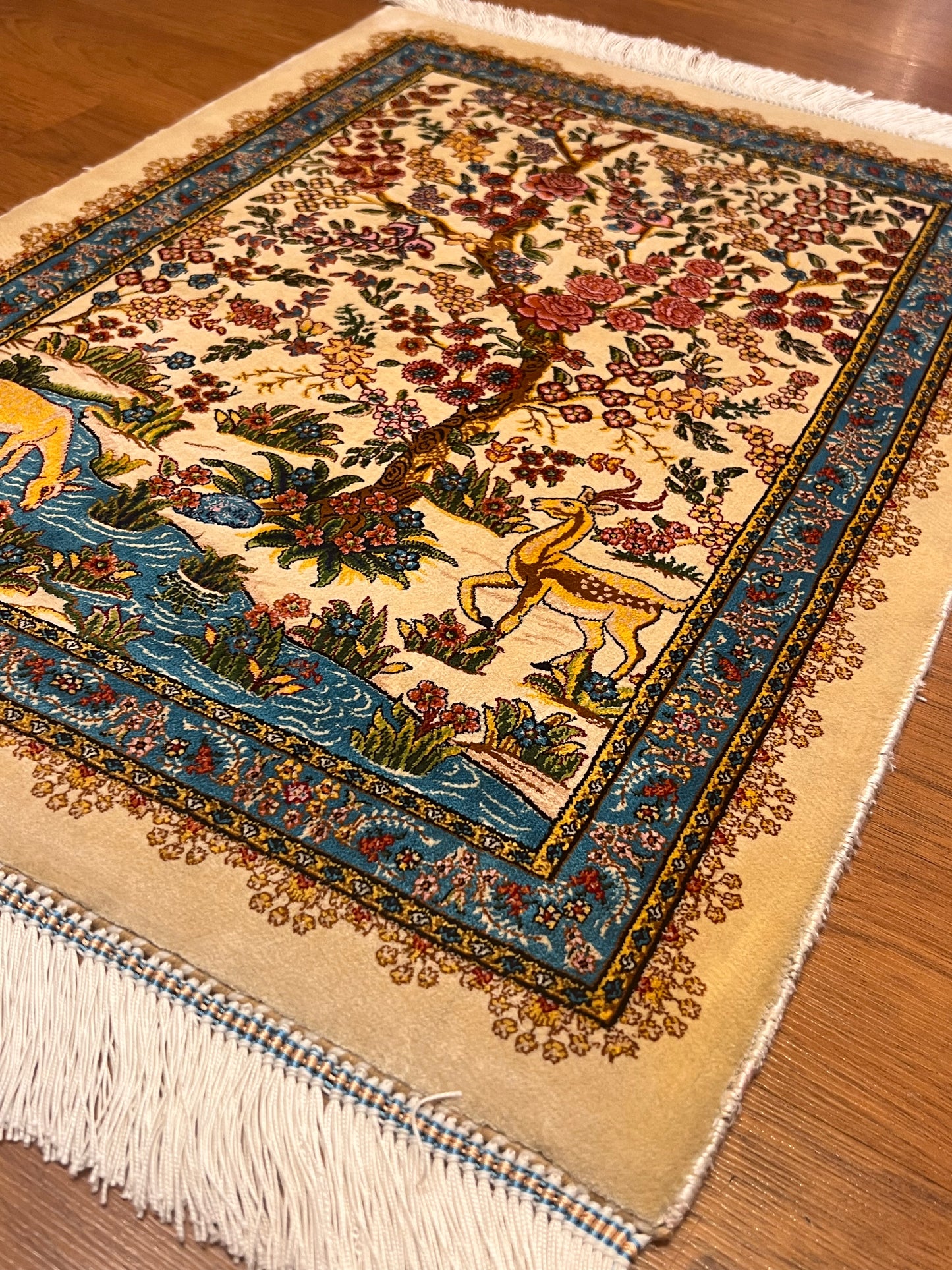 19” x 28” Small Silk Rug – Garden of Life Deer & Floral Tree Turkish Accent Rug
