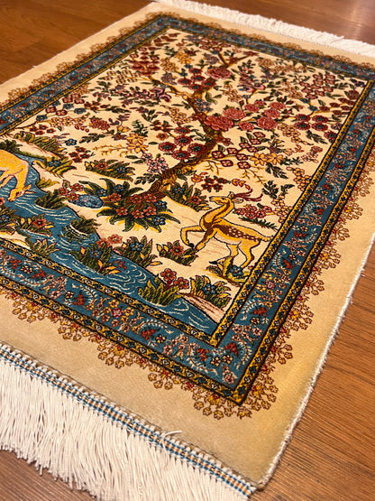 19” x 28” Small Silk Rug – Garden of Life Deer & Floral Tree Turkish Accent Rug