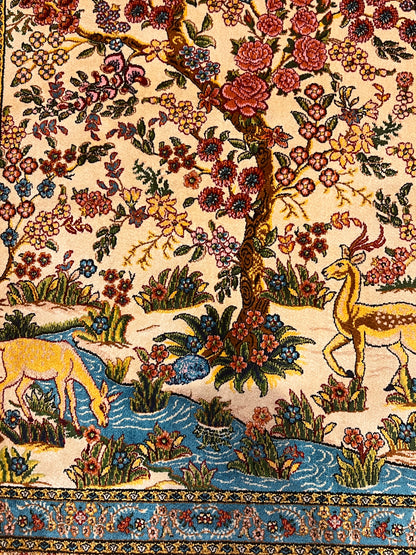 19” x 28” Small Silk Rug – Garden of Life Deer & Floral Tree Turkish Accent Rug