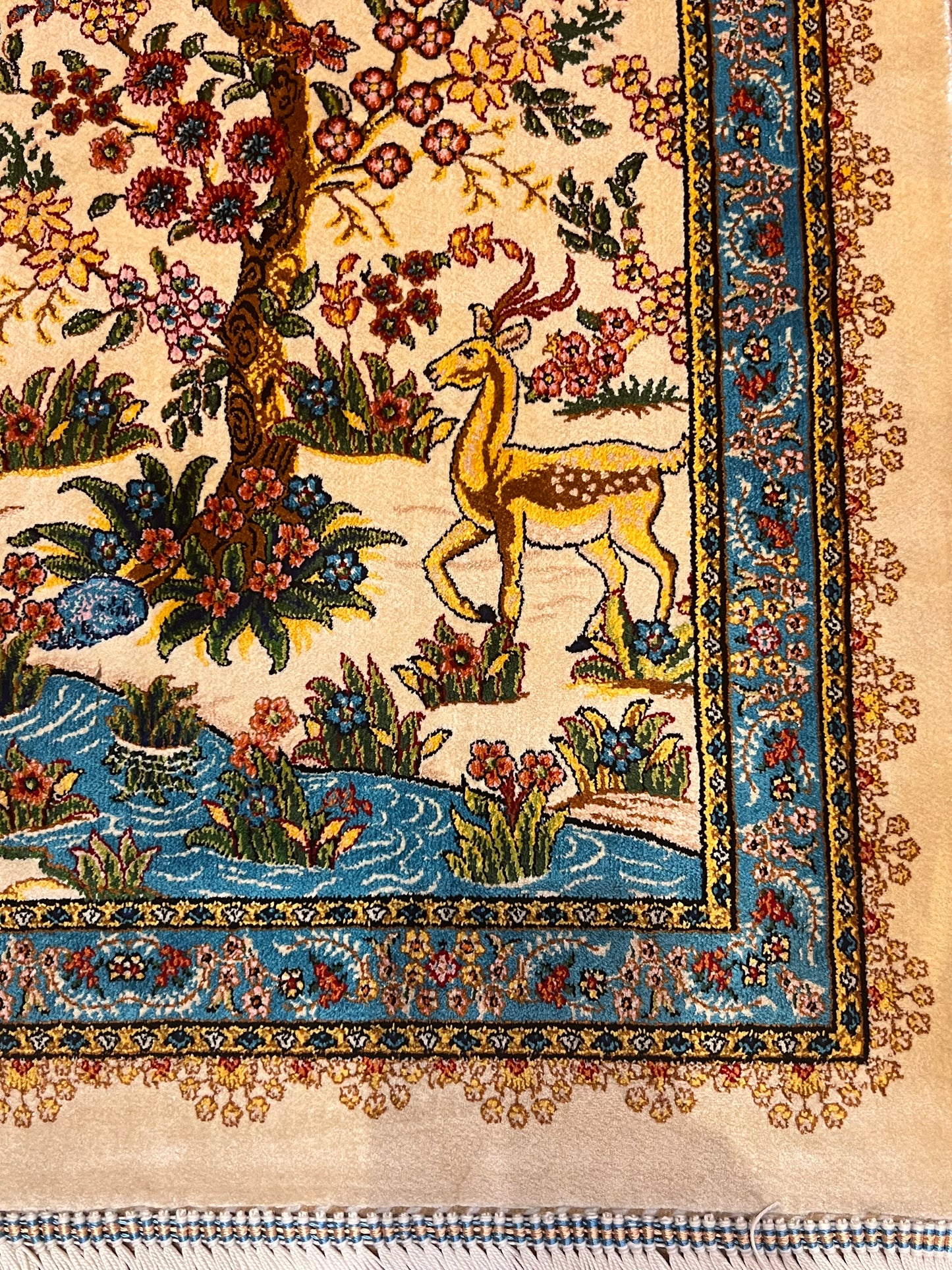 19” x 28” Small Silk Rug – Garden of Life Deer & Floral Tree Turkish Accent Rug