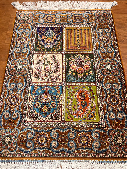 19” x 28” Small Silk Rug – Bakhtiari Garden Panel Design Turkish Accent Rug