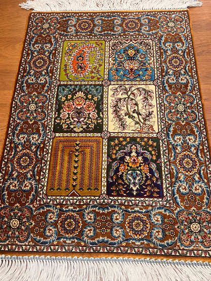 19” x 28” Small Silk Rug – Bakhtiari Garden Panel Design Turkish Accent Rug