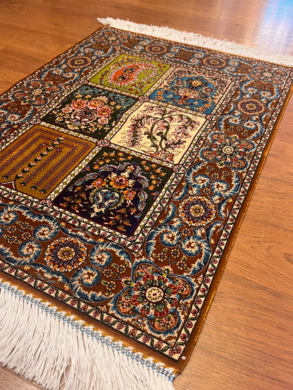19” x 28” Small Silk Rug – Bakhtiari Garden Panel Design Turkish Accent Rug