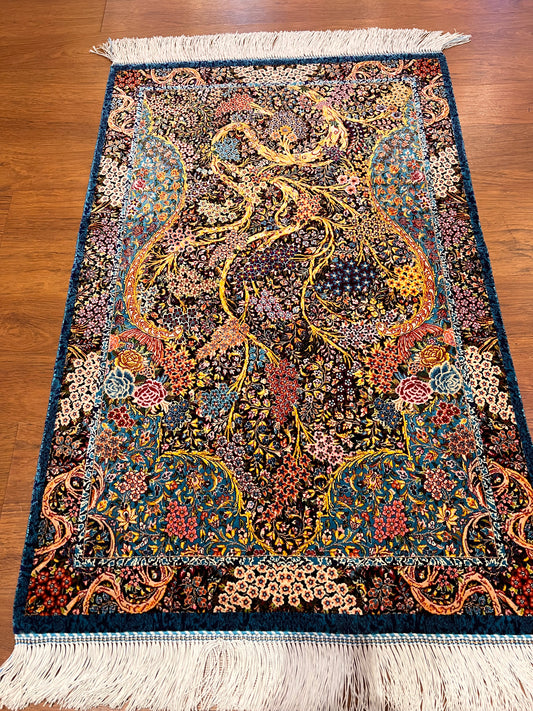 23” x 35” Luxury Turkish Silk Accent Rug – Midnight Blue & Turquoise Floral Tree of Life Design