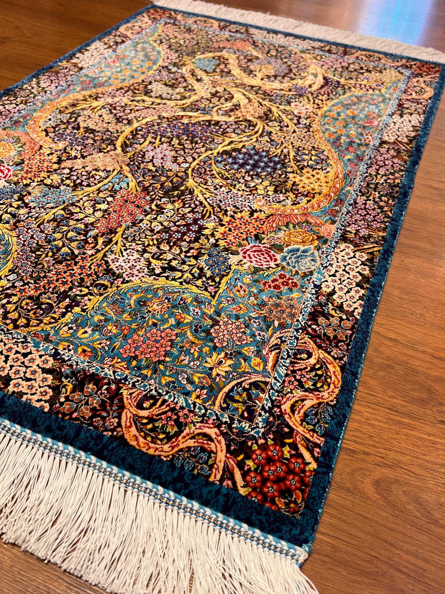 23” x 35” Luxury Turkish Silk Accent Rug – Midnight Blue & Turquoise Floral Tree of Life Design