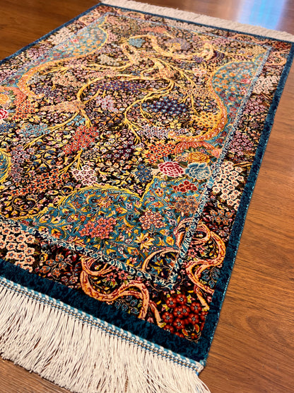 23” x 35” Luxury Turkish Silk Accent Rug – Midnight Blue & Turquoise Floral Tree of Life Design