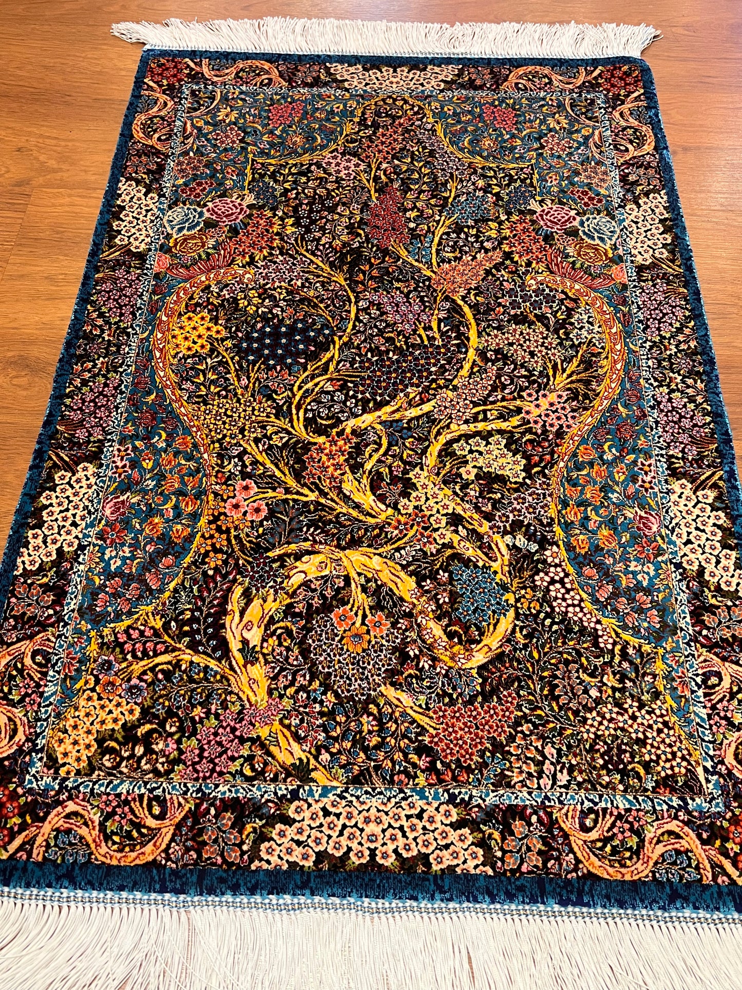 23” x 35” Luxury Turkish Silk Accent Rug – Midnight Blue & Turquoise Floral Tree of Life Design