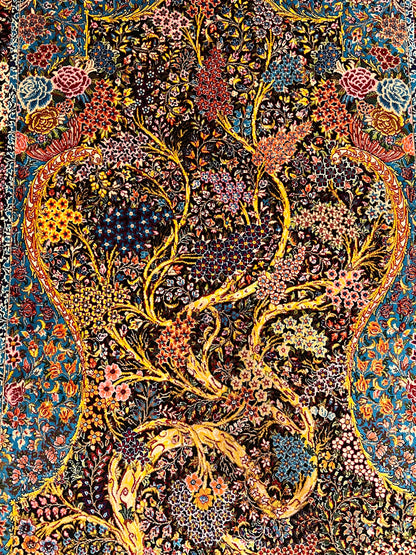 23” x 35” Luxury Turkish Silk Accent Rug – Midnight Blue & Turquoise Floral Tree of Life Design