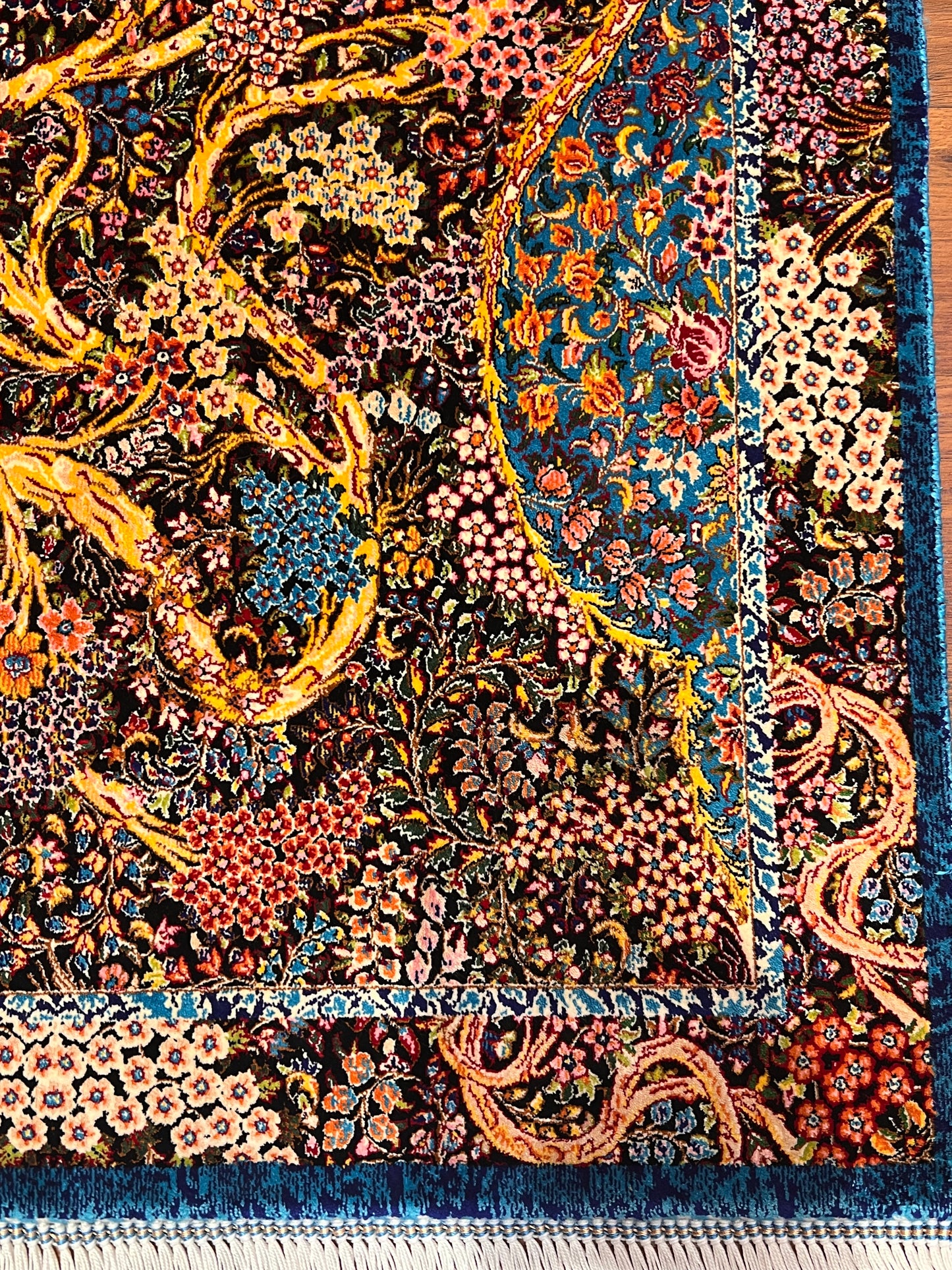 23” x 35” Luxury Turkish Silk Accent Rug – Midnight Blue & Turquoise Floral Tree of Life Design